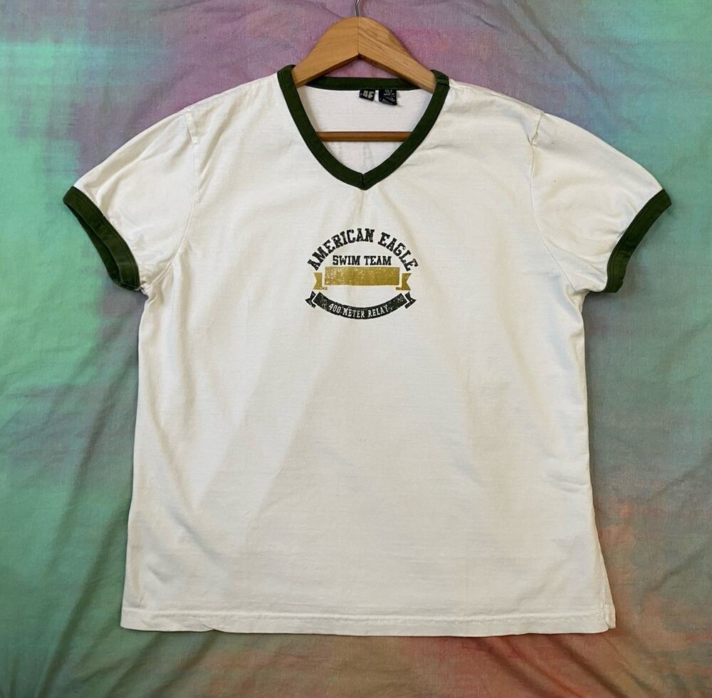 Vintage 90s Y2K American Eagle Ringer Tee T Shirt Swim Teen Preppy Graphic Sz L